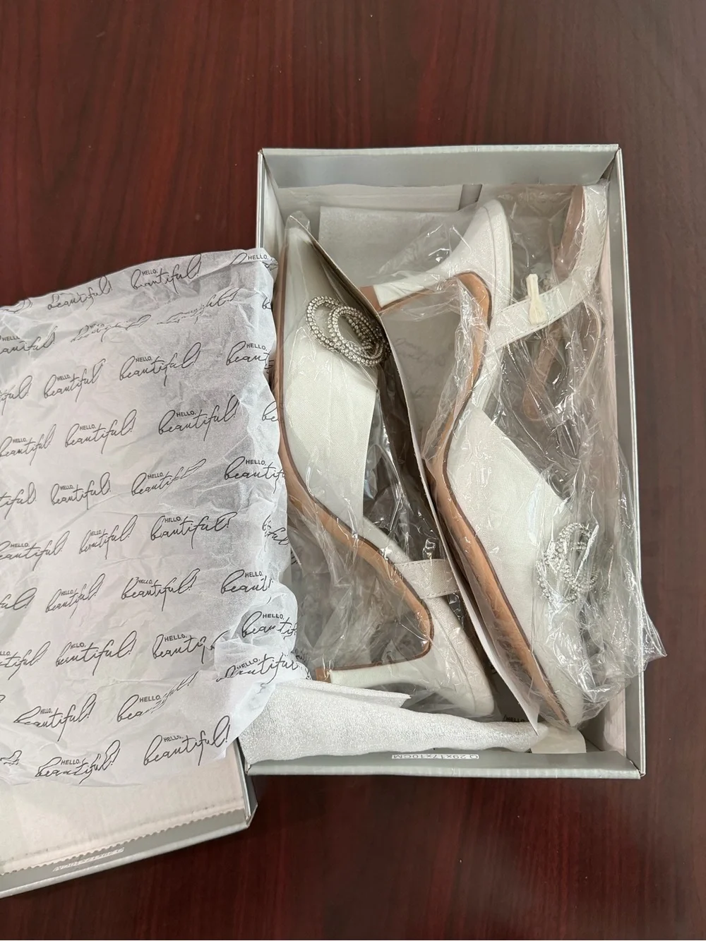 Oleg Cassini White Pointed Crystal-Embellished Slingback Heels